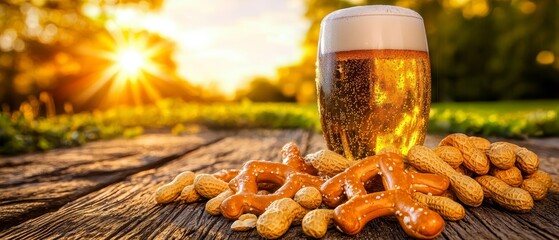 Golden Hour Beer, Pretzels, and Peanuts on Rustic Wooden Table Outdoors