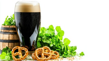 Oktoberfest Dark Beer with Pretzels and Wooden Barrel Isolated on White Background