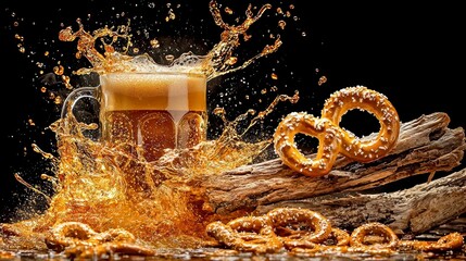 Dynamic Oktoberfest Beer Splash with Salty Pretzels and Rustic Wood