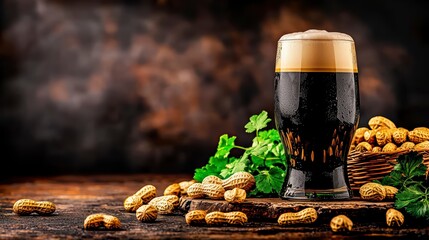 Dark Craft Beer Pint with Roasted Peanuts on Rustic Wooden Table - Pub Appetizer