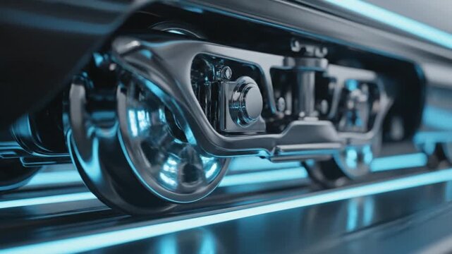 Modern Futuristic Train Bogie Wheels on Illuminated Track - High-Speed Transportation Concept