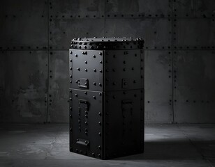 Dark, textured box with rivets against an industrial panel backdrop
