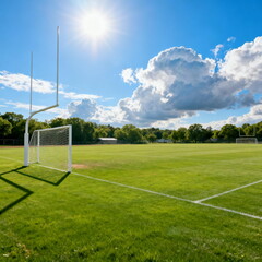 Sunny Soccer Field with Goals and Clouds