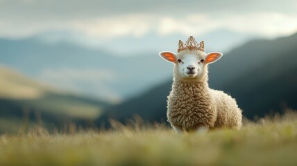 Fototapeta premium A sheep with a decorative crown standing regally in an open, green field.
