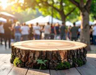 Tree stump stage with blurry crowd and greenery in the background