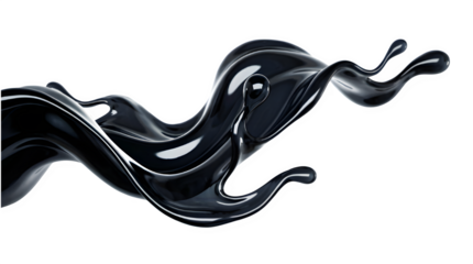 Black liquid splash of glossy crude oil or engine lubricant with dynamic fluid motion on transparent background