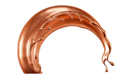 Metallic copper liquid splash in a curved wave motion with glossy reflections and droplets, elegant design element on transparent background