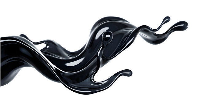 Black liquid splash of glossy crude oil or engine lubricant with dynamic fluid motion on transparent background