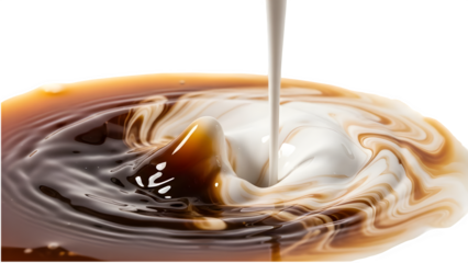 Milk pouring into dark coffee creating a swirling splash effect on a transparent background for beverage and cafe advertising