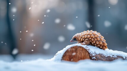 Unusual pangolin in a snowy environment, with snowflakes gently falling on its scales and the winter landscape adding a rare contrast.