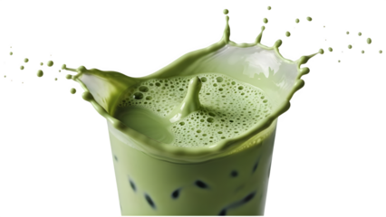 Matcha green tea latte splash with frothy foam and boba pearls, dynamic liquid movement on transparent background for beverage design