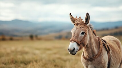 Obraz premium A donkey with a decorative crown standing regally in an open, green field.