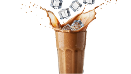 Iced coffee splash with milk and falling ice cubes in a condensation-covered glass on transparent background for summer beverage menu and cafe advertising