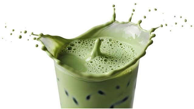 Matcha green tea latte splash with frothy foam and boba pearls, dynamic liquid movement on transparent background for beverage design