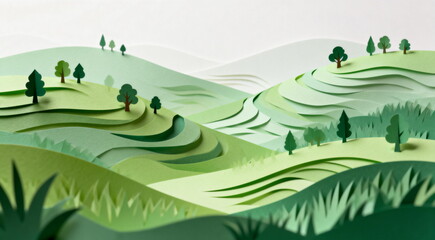 Fototapeta premium Paper Art Landscape with Rolling Hills and Trees