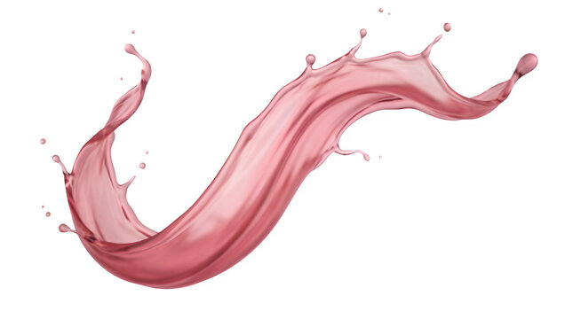 Pink rose liquid splash and swirl with dynamic droplets on a transparent background for beverage, juice, or cosmetic product branding