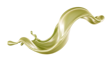 Green liquid splash with glossy texture and flowing motion for cosmetic or food branding on a transparent background