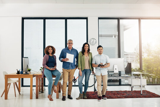 Marketing, portrait or team in office with smile, pride or colleagues in creative agency. Happy, people or analyst in branding firm with confidence, staff support or experience in media planning.