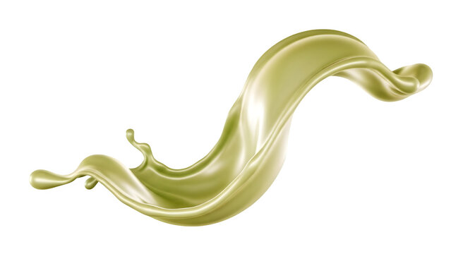 Green liquid splash with glossy texture and flowing motion for cosmetic or food branding on a transparent background