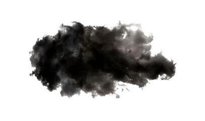 High-resolution image of a dense black smoke cloud isolated on a pure white background. Depicts atmospheric, gaseous, or particulate matter with soft, organic edges.