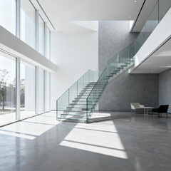 Obraz premium Modern Minimalist Interior with Glass Staircase