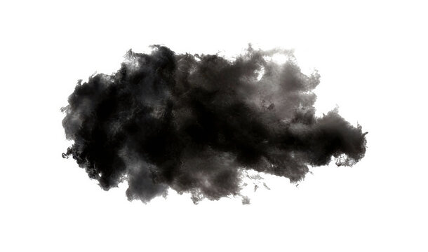 High-resolution image of a dense black smoke cloud isolated on a pure white background. Depicts atmospheric, gaseous, or particulate matter with soft, organic edges.