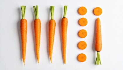 Five whole baby carrots and five carrot slices arranged vertically in alternating pattern on white background.