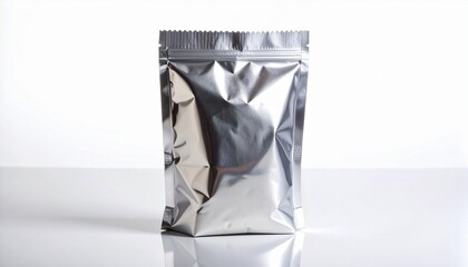 Crinkled metallic foil snack packet with serrated heat-sealed edges and reflective surface on neutral background.