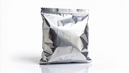 Crinkled metallic foil snack packet with serrated heat-sealed edges and reflective surface on neutral background.