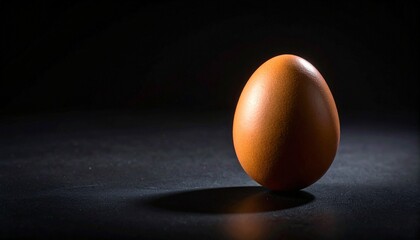 Single upright brown egg on black background with soft lighting and subtle shadow, emphasizing simplicity and texture.