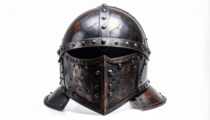 Medieval-style dark metal knight&rsquo;s helmet with cracked ridge, riveted visor, and flared neck guard on neutral background.