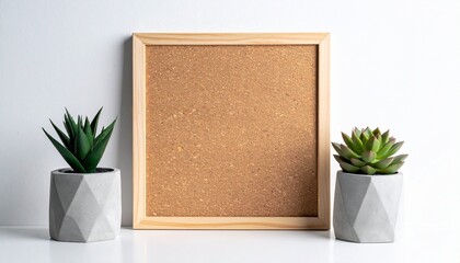 Empty wooden-framed cork bulletin board with two small potted succulents in gray and white pots on white wall.