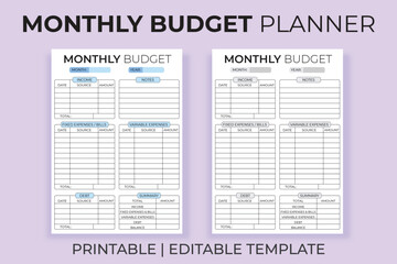 Monthly Budget Planner Template and Printable KDP Interior for financial tracking and expense organization.