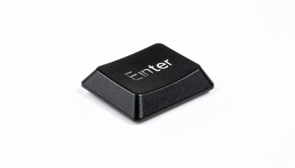 Single black &ldquo;Enter&rdquo; keyboard key slightly tilted on white background, emphasizing digital input and simplicity.