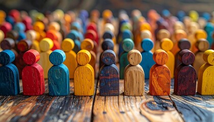 Colorful wooden figurines with abstract human shapes arranged in rows, symbolizing diversity and unity.