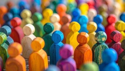 Colorful wooden figurines with abstract human shapes arranged in rows, symbolizing diversity and unity.