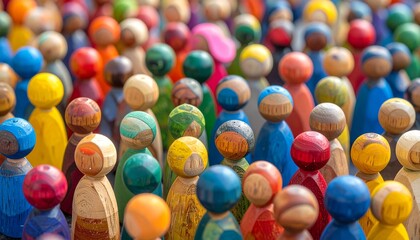 Colorful wooden figurines with abstract human shapes arranged in rows, symbolizing diversity and unity.