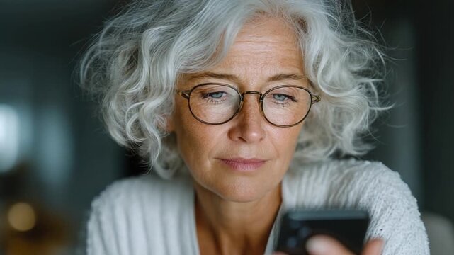 Contemplative Glance: A close-up shot captures the focused gaze of a senior woman with silver hair and eyeglasses, as she thoughtfully observes her phone.