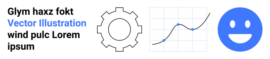 Fototapeta premium Business analytics, technology, data visualization, innovation, process optimization, user experience. Gear icon, a line graph with data points and a blue happy face. Business analytics