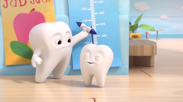 A parent tooth marks a child tooth's height on a growth chart. Milestone 3D animation for family dental clinic growth themes.