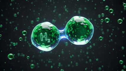 Hydrogen molecule h2 with glowing green orbs on dark background with floating bubbles