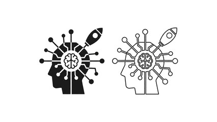 Innovation Brain Rocket Outline Icon Isolated on Transparent Background, Creative Technology Startup Concept with Neural Circuit Head Symbol, PNG