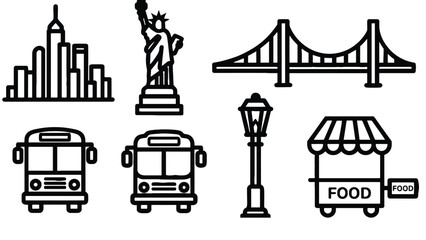 Naklejka premium A collection of iconic New York City symbols and transportation illustrations