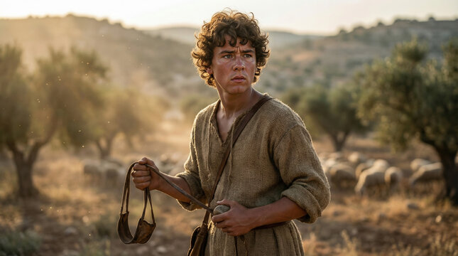 Young Shepherd David Holding Sling and Stone, Preparing for Battle with Goliath.