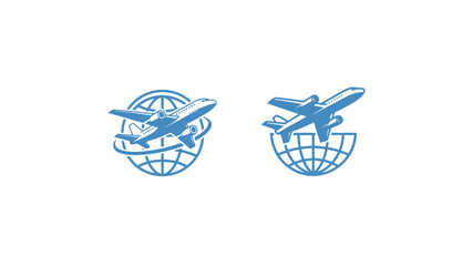 Two blue airplane logos flying around a globe on a white background