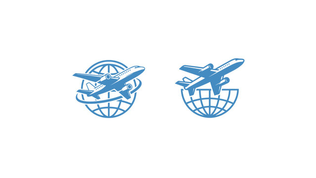 Two blue airplane logos flying around a globe on a white background