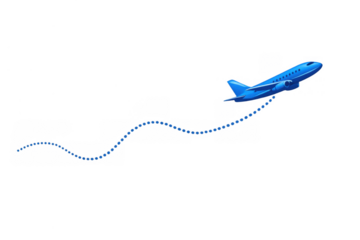 Blue passenger airplane flying and tracking a dotted flight path showing global travel and aviation concept
