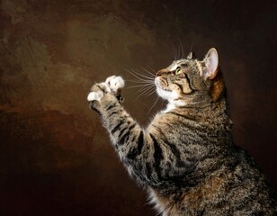 Obraz premium A tabby cat, striking a pose with raised paw, gazing upwards. The background is a textured, earthy-toned canvas