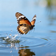 Obraz premium Butterfly Landing on Water Surface Creating Splashes