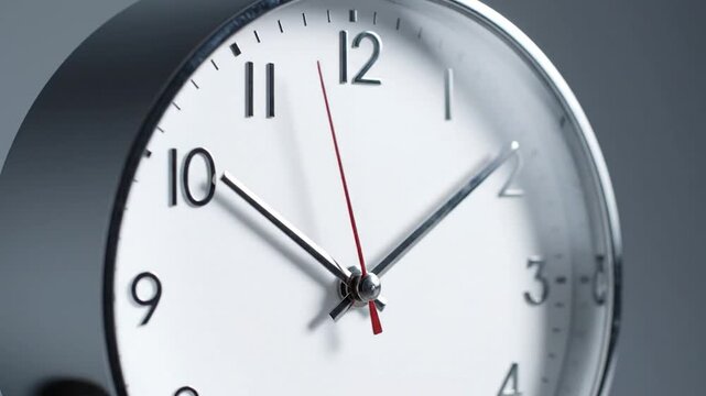 Close-up of a white analog clock face with metallic hands against a grey background